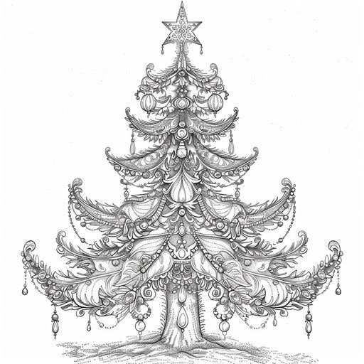 Ornate Christmas tree with jewel ornaments in the style of Raqib Shaw Coloring book page