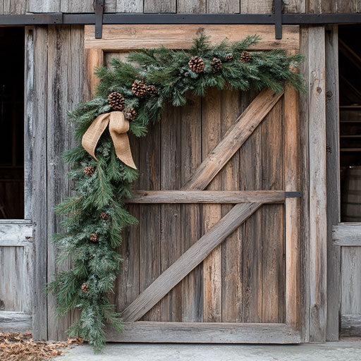 A rustic barn door adorned with a garland of pine branches and burlap, making a cozy holiday entrance.