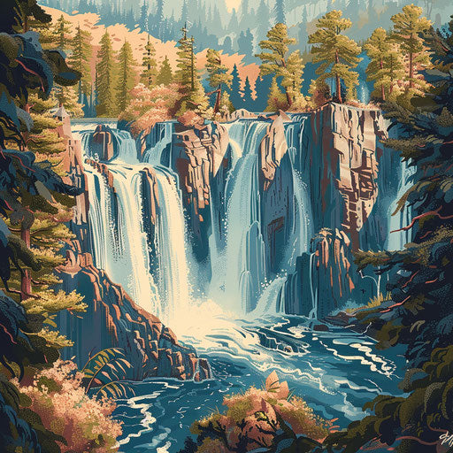 Burney Falls, California: stylized, sharp lines in Ed Mell style