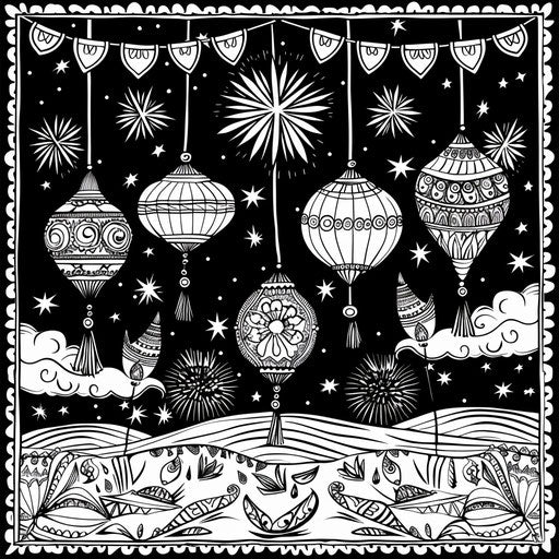 Diwali lanterns and fireworks in the night sky