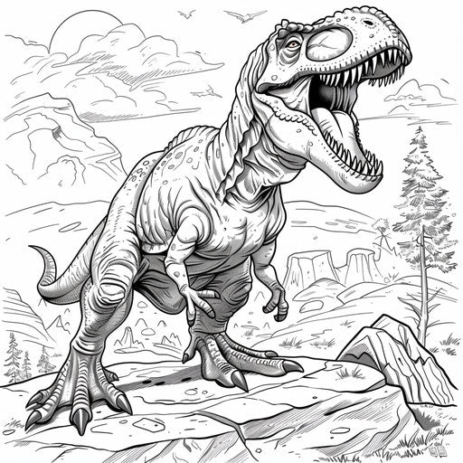 A satirical T-Rex in a political cartoon setting in the style of Walt Handelsman, coloring book page
