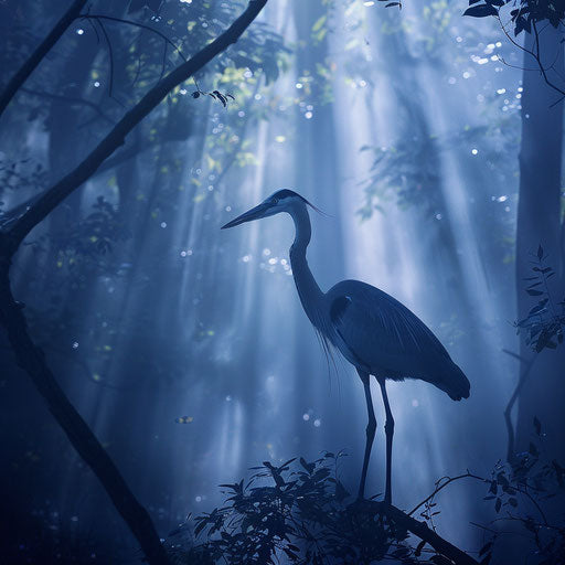 Blue heron in a foggy forest, beams of light