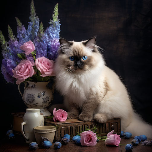 Birman cat playing with flowers