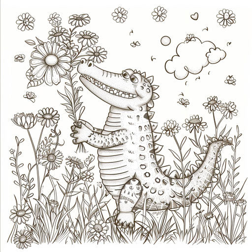 Whimsical alligator holding a bouquet of flowers in a sunny meadow