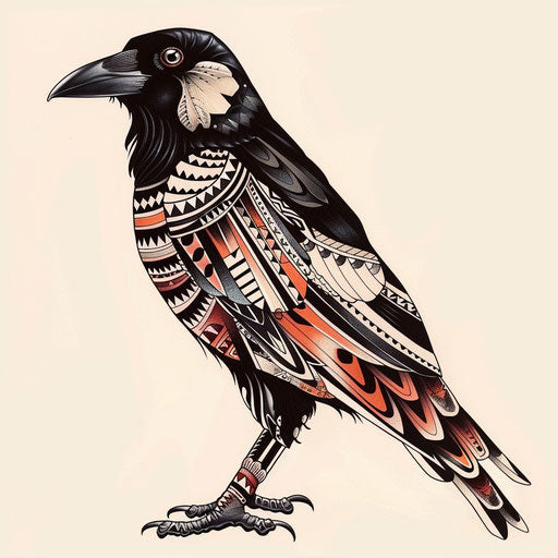 Exotic flat tattoo sketch of a magpie adorned with traditional Polynesian patterns