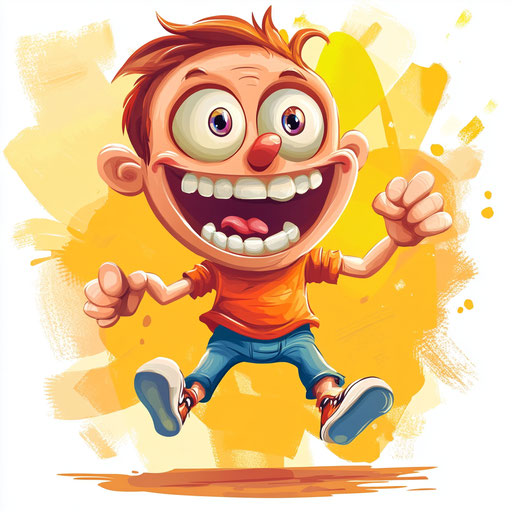 Humorous caricature of a five senses caricature clipart with human characteristics, exaggerated big eyes, small feet, in mid-jump, vibrant colors, cartoon style, smiling, high resolution, no background, isolated
