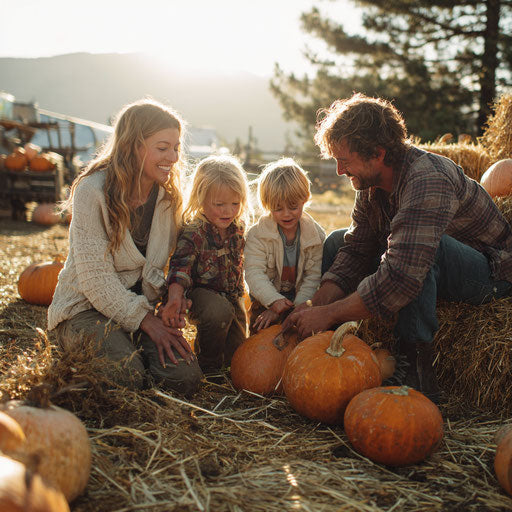 A family joyfully interacts with pumpkins outdoors