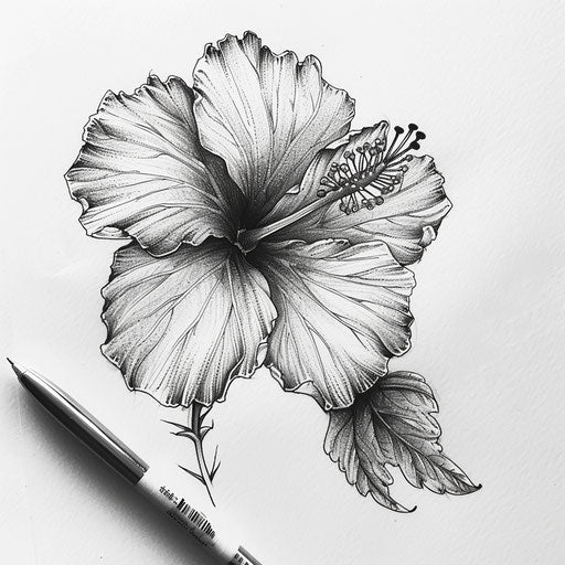 Detailed black and grey ink sketch of a hibiscus flower