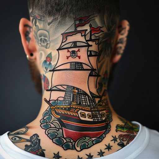 Back tattoo of a pirate ship, Sailor Jerry style