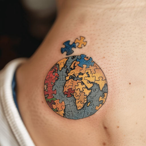 Vintage tattoo of a globe, continents filled with colorful puzzle pieces, awareness message on white background