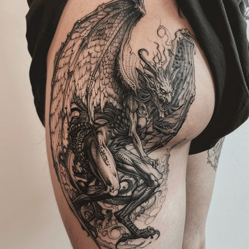 Angel and demon thigh tattoo in the style of Gerald Brom