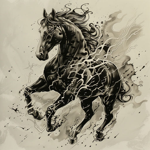 Flat tattoo sketch of a dark horse with thunder and lightning