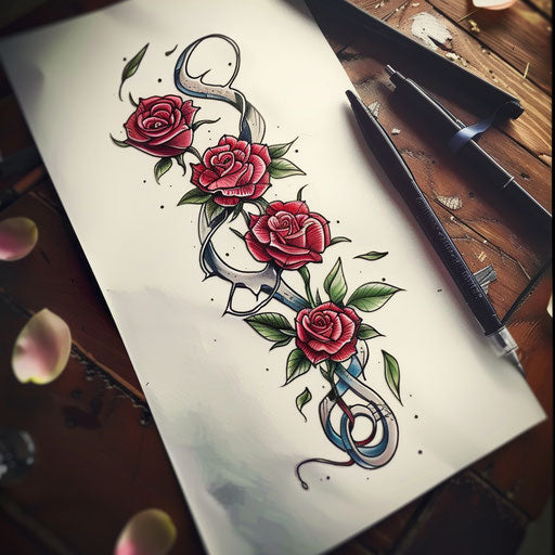 Neo-traditional tattoo design of an army medic symbol intertwined with roses, on a white paper background.