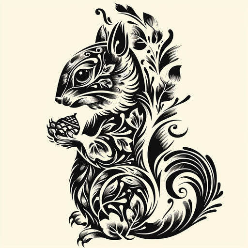 Flat tattoo sketch of squirrel with acorn and patterns