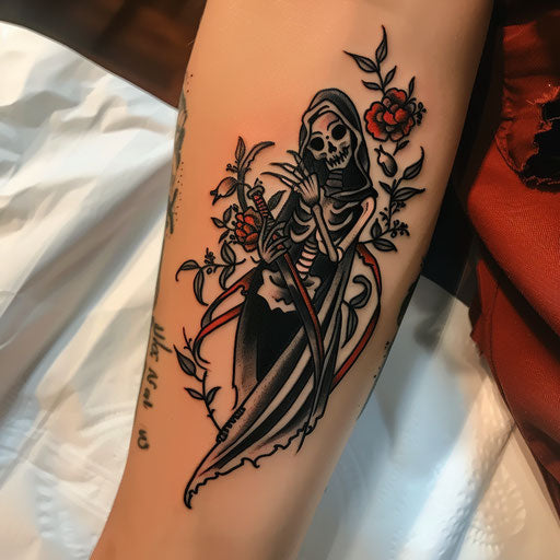 Traditional style reaper tattoo with bold black outlines and classic red accents, illustrated on a white sheet
