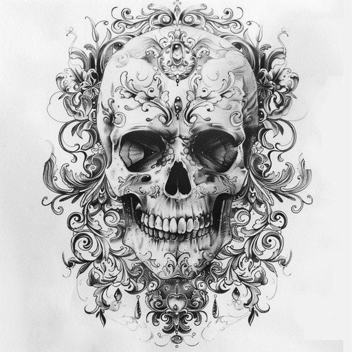 Sugar skull tattoo with baroque filigree frame