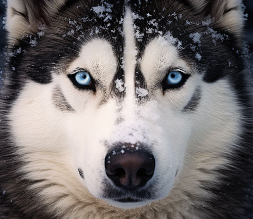 Siberian husky dog with blue eyes in snowy area