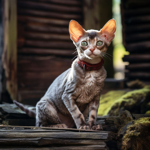 Devon Rex cat in front of a log cabin