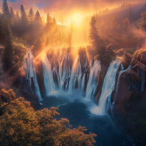 Burney Falls, California, at sunrise with vibrant colors, in the style of William Patino