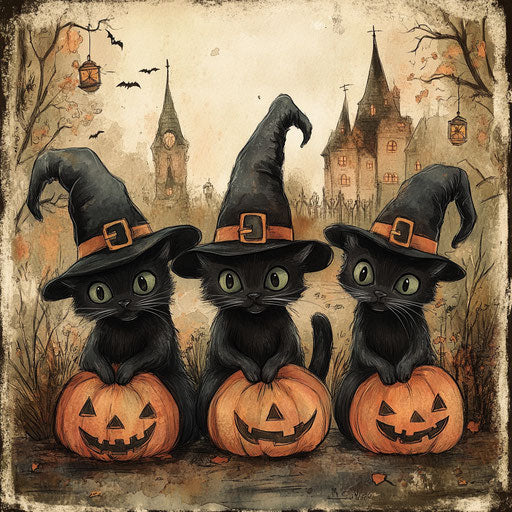 Three black cats in witches' hats and Halloween decorations