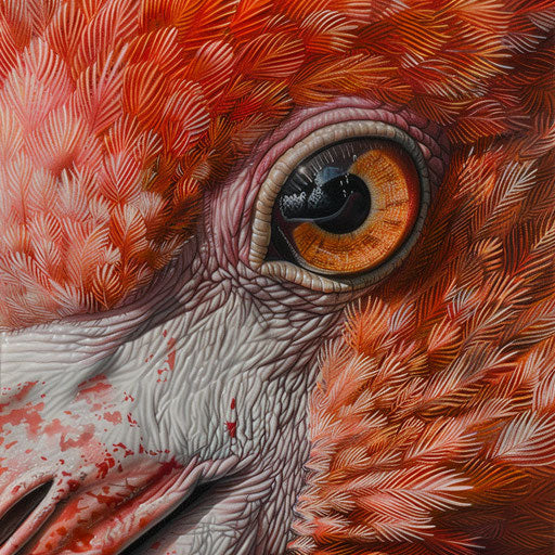 Close-up of a flamingo's eye, with detailed feathers framing