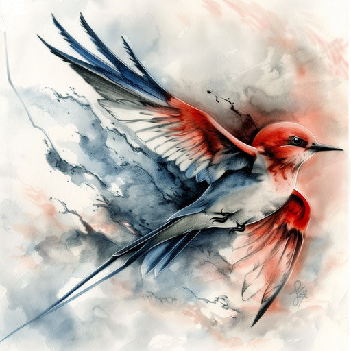 Renaissance inspired swallow tattoo, magical elements and colors on white mystical fog background