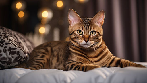 Bengal feline on a bed with white furniture