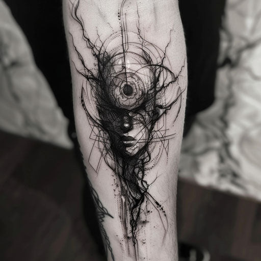Bold and dark flat tattoo sketch with a soul enveloped in mysterious shadows