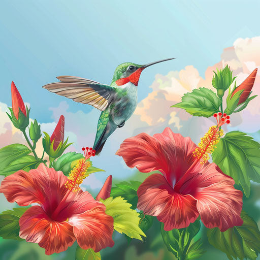 Hummingbird hovering over bright hibiscus