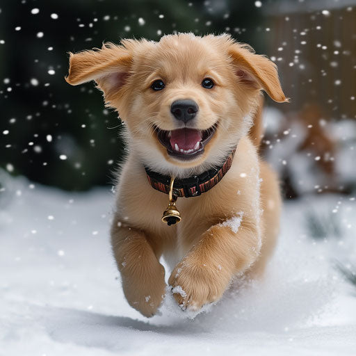 A cheerful puppy plays in a snowy garden