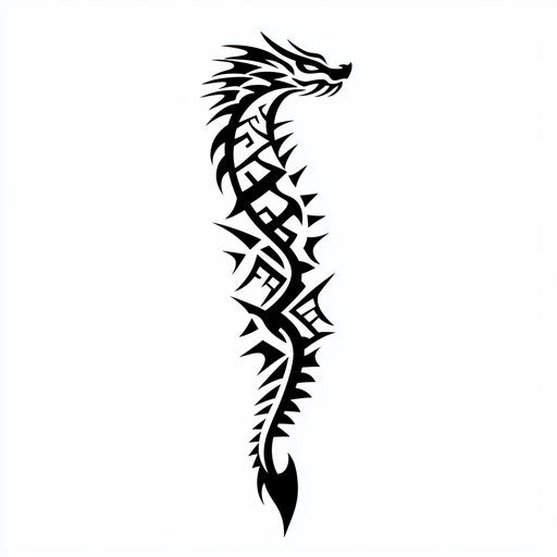 A beautiful clipart style flat tribal armband tattoo with a dragon tail entwined in the pattern on a pure white background