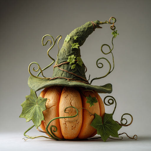 Green Vines Wrap Around a Pumpkin Beneath a Hat