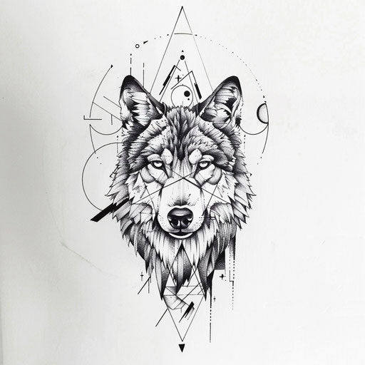 Geometric animal design of wolf and shapes in bold lines on white canvas