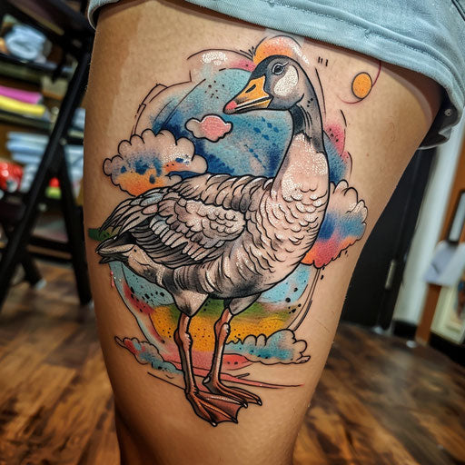 Artistic flat tattoo sketch of a goose with a watercolor sky and fluffy clouds