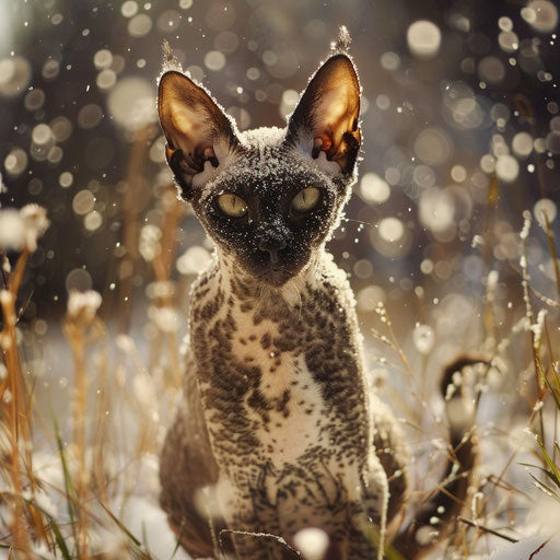 Cornish rex cat in a field with snow