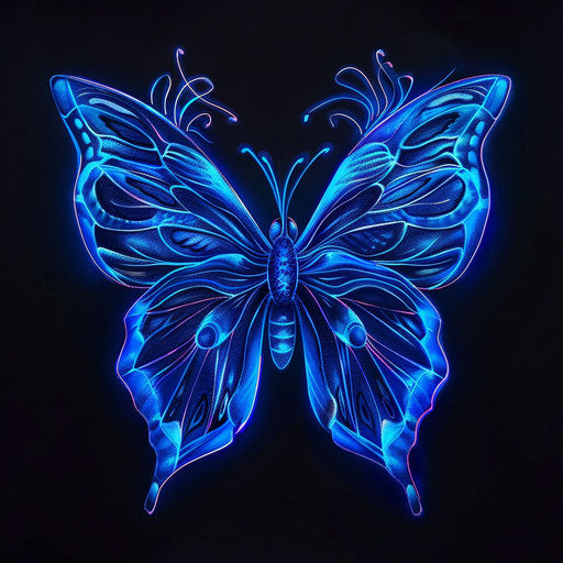 Blue butterfly with neon outlines on dark background