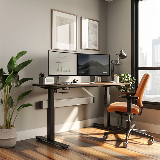 Modern work-from-home setup with standing desk and dual monitors