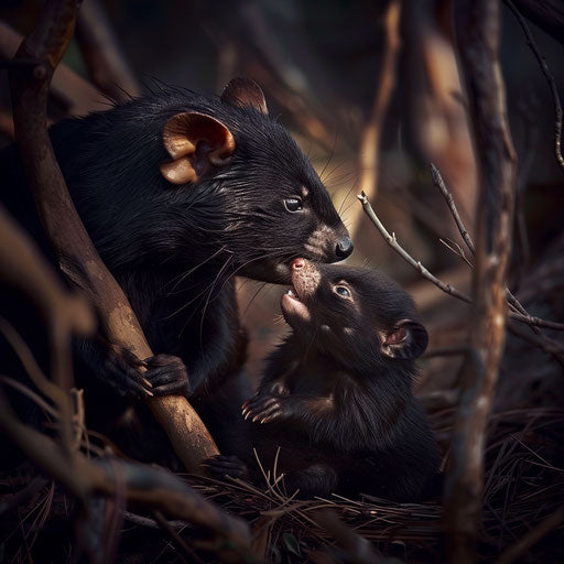 An intimate moment: Tasmanian devil nurturing young in bushland