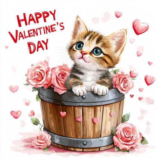 Cute kitten in wooden barrel with hearts and roses, Happy Valentine's Day