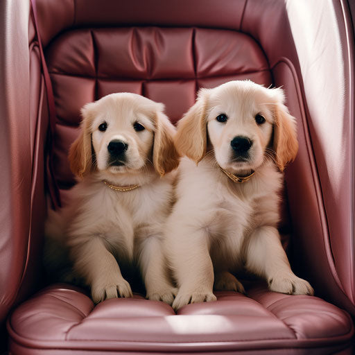 Golden Retriever puppies in a car seat, y2k aesthetic