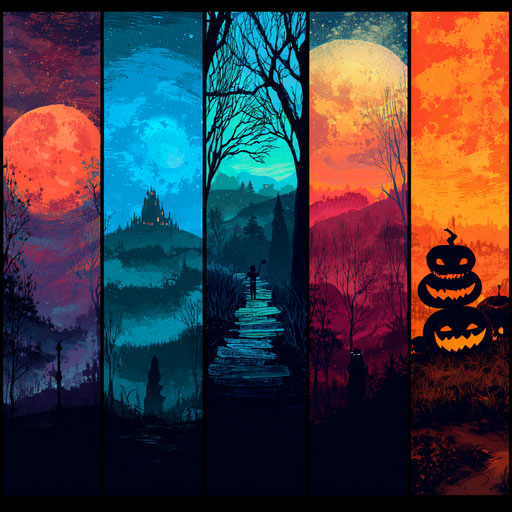 Five Colorful Panels Featuring Halloween Jack-o'-Lanterns