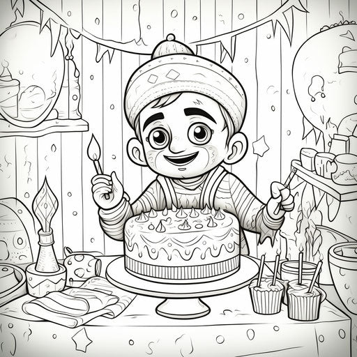 Happy birthday coloring page in the style of osgemeos