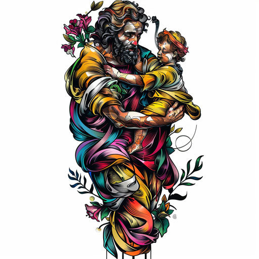 Artistic depiction of Saint Christopher carrying the Christ child, dynamic tattoo design in vibrant colors on white background