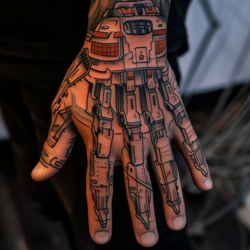 Hand tattoo designs of a futuristic robot, in the style of Humberto Ramos