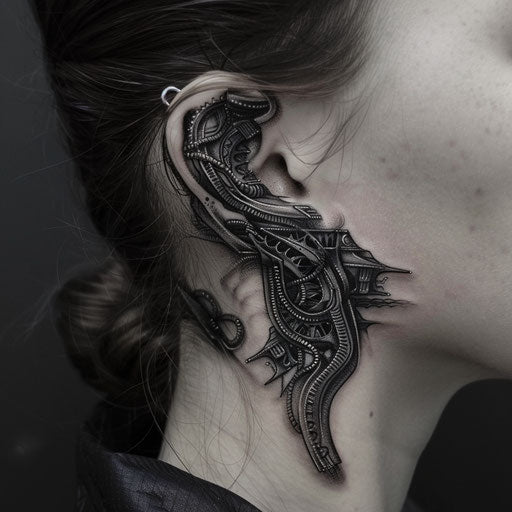 Ear tattoos in the style of J.P. Targete with futuristic designs