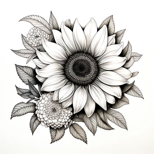 Black and white sunflower, intricate floral drawing, colorful illustration