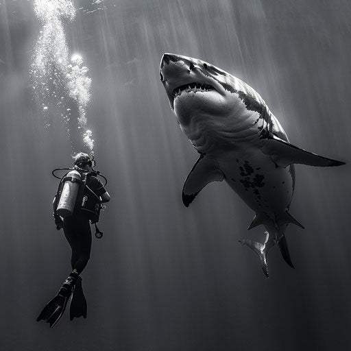 White shark with diver, scale captured