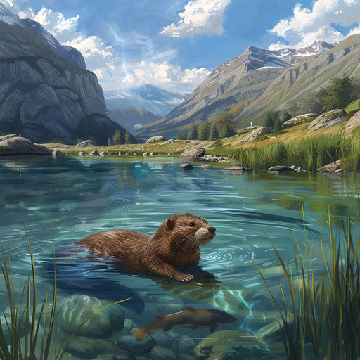 Mink swimming in a clear lake with mountains in the background