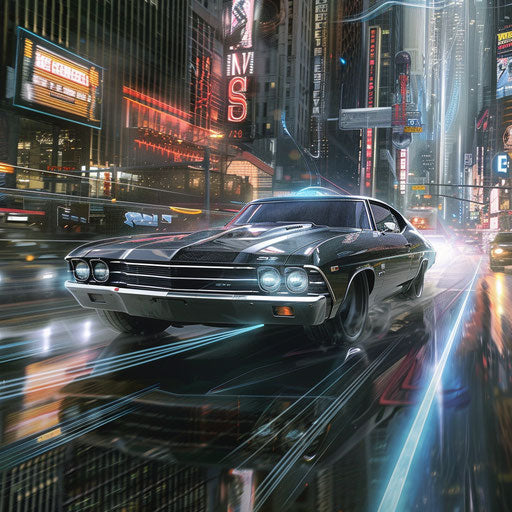 1969 Chevrolet Chevelle SS with futuristic electric conversion gliding through modern metropolis