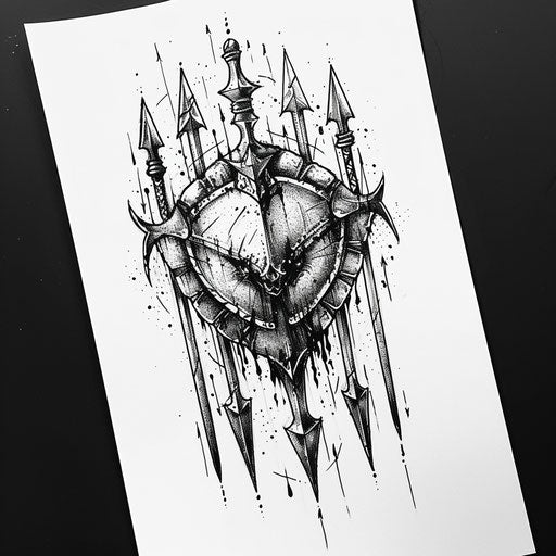 Black ink drawing of an African warrior shield and spears tattoo design